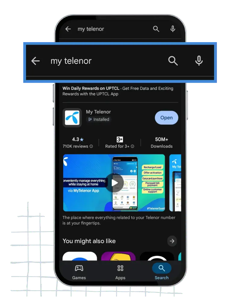 Searching My Telenor app on Google Play Store – My Telenor Answer Today guide