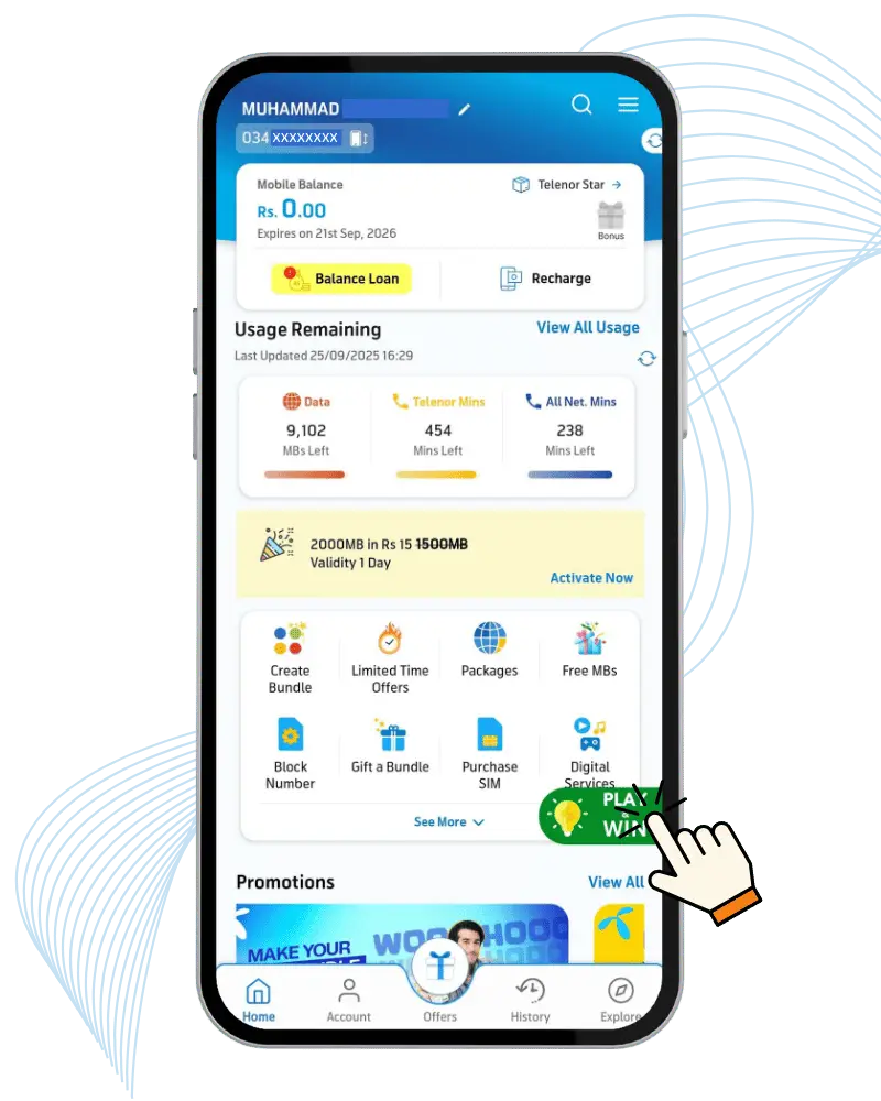 Step 1: My Telenor app home screen with Play & Win sticky tab bottom-right – My Telenor Answer Today