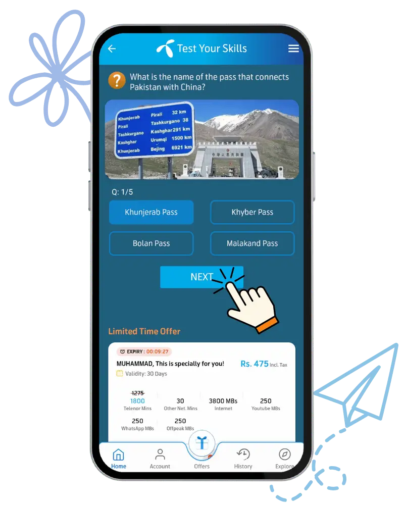 Step 2: Telenor Quiz "Test Your Skills" question screen – choose answer and tap Next