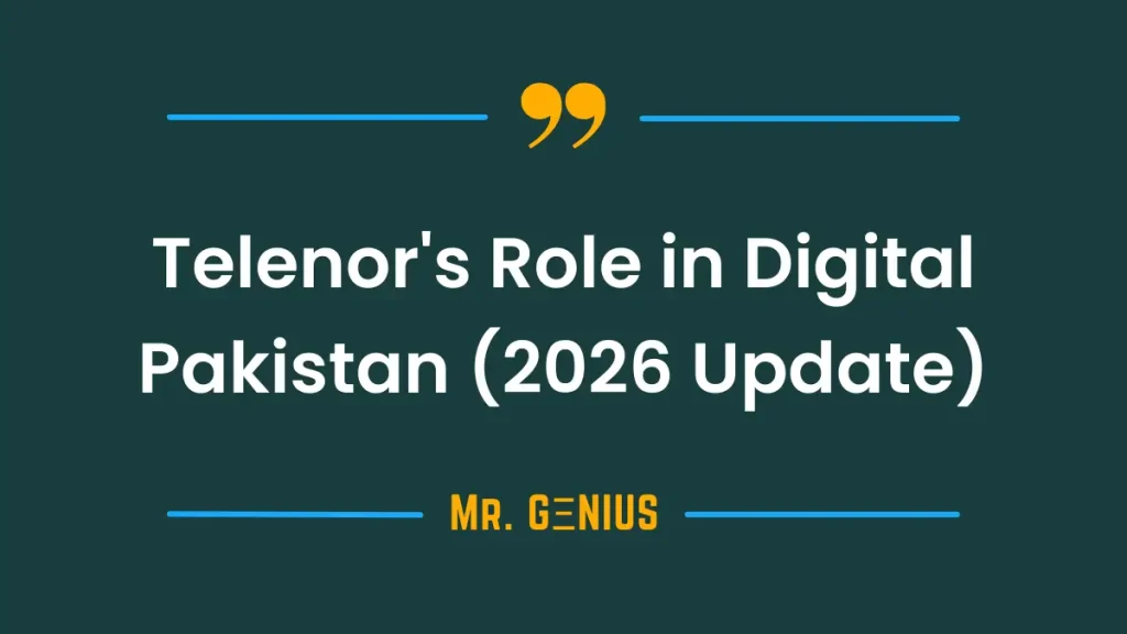 A graphic showing the Telenor logo intertwined with symbols of digital technology and the Pakistani flag, representing their contribution to a Digital Pakistan.