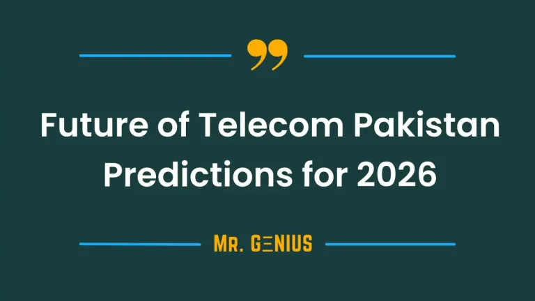 A futuristic cityscape representing the technological advancements in Pakistan's telecommunications industry, with symbols for 5G and connectivity.