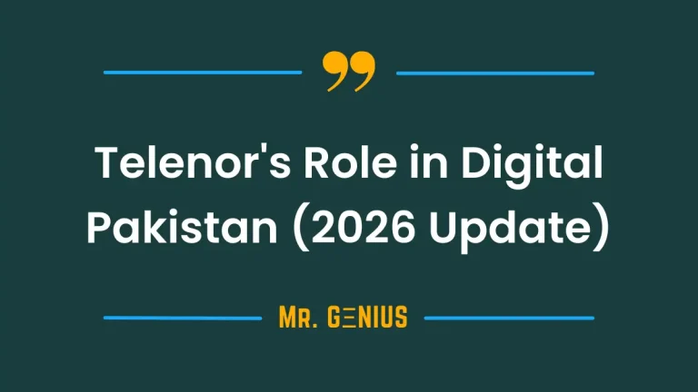 A graphic showing the Telenor logo intertwined with symbols of digital technology and the Pakistani flag, representing their contribution to a Digital Pakistan.