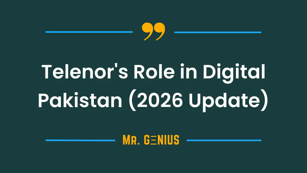A graphic showing the Telenor logo intertwined with symbols of digital technology and the Pakistani flag, representing their contribution to a Digital Pakistan.